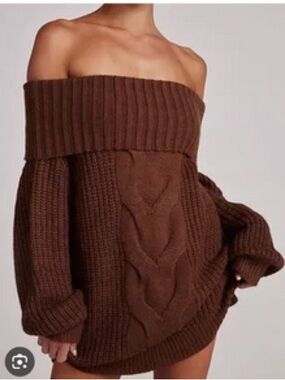 12th Tribe Off-the-Shoulder Chunky Cable Knit Sweater Dress - Brown